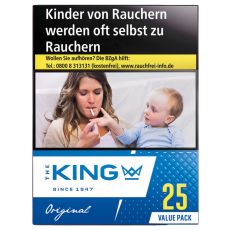 Packung Zigaretten The King Original Blue Value Pack. Große blau-weiße Schachtel mit blauer King Aufschrift und Krone.