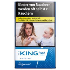 Packung Zigaretten The King Original Blue. Blau-weiße Schachtel mit blauer King Aufschrift und Krone.