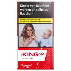 Packung Zigaretten The King Original Red 100. Schmale rot-weiße Schachtel mit roter King Aufschrift und Krone.