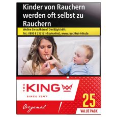 Packung Zigaretten The King Original Red Value Pack. Große rot-weiße Schachtel mit roter King Aufschrift und Krone.