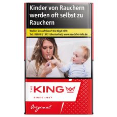 Packung Zigaretten The King Original Red. Rot-weiße Schachtel mit roter King Aufschrift und Krone.