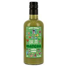Tipsy Tanuki Matcha Latte Likör. Klare Flasche mit matcha-grünem Inhalt und bunt-grünem Etikett mit chinesische Schriftzeichen und grüner Matcha Aufschrift.