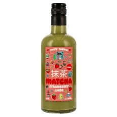 Tipsy Tanuki Matcha Strawberry Likör. Klare Flasche mit matcha-grünem Inhalt und bunt-rotem Etikett mit chinesische Schriftzeichen und roter Matcha Aufschrift.