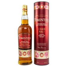 Tomintoul Cigar Malt Scotch Whisky. Flasche mit rotem Etikett und weißer Tomintoul Aufschrift mit roter Tube-Verpackung.
