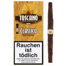 Packung Toscano Zigarren Classico. Gelbe Schachtel brauner Zigarre mit Siegel.