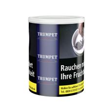 Dose Tabak Trumpet Black Zware. Dunkelblaue Dose mit weißer Trumpet Aufschrift.