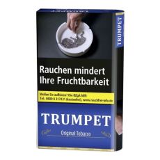 Pouch Trumpet Tabak Original Halfzware Blue. Blaues Päckchen mit weißer Trumpet Aufschrift.
