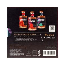 Turntable Blended Scotch Whisky Tasting Set. Schwarze Verpackung mit drei bunt-mamorierten Turntable Flaschen und weiß-goldenden Schriftzügen. 