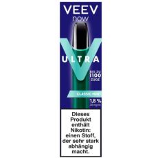 Veev Now Ultra Einweg E-Zigarette Classic Mint. Blaue Packung mit schwarzem Gerät mit Veev Aufschrift. 