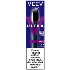 Veev Now Ultra Einweg E-Zigarette Grape. Blaue Packung mit schwarzem Gerät mit Veev Aufschrift. 