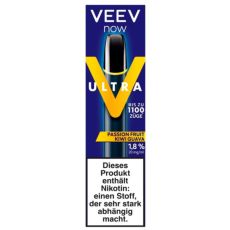 Veev Now Ultra Einweg E-Zigarette Passion Fruit Guava. Blaue Packung mit schwarzem Gerät mit Veev Aufschrift. 