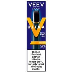 Veev Now Ultra Einweg E-Zigarette Mango. Blaue Packung mit schwarzem Gerät mit Veev Aufschrift. 