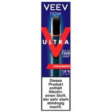 Veev Now Ultra Einweg E-Zigarette Strawberry. Blaue Packung mit schwarzem Gerät mit Veev Aufschrift. 