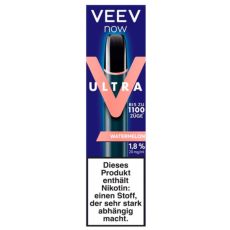 Veev Now Ultra Einweg E-Zigarette Watermelon. Blaue Packung mit schwarzem Gerät mit Veev Aufschrift. 