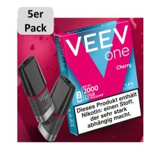 Veev One Liquid Pods Cherry. Rot-blaue Packung mit grauem 5er Pack Bottom und schwarzem Liquid Pods.