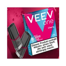 Packung Veev One Liquid Pods Cherry. Rot-blaue Packung mit weißer Veev One Aufschrift und schwarze Pods.