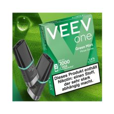 Packung Veev One Liquid Pods Green Mint. Grüne Packung mit weißer Veev One Aufschrift und schwarze Pods.