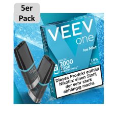 Packung Veev One Liquid Pods Ice Mint. Blaue Packung mit weißer Veev One Aufschrift und 5er Pack Bottom.
