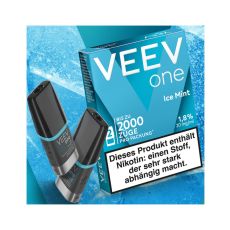 Packung Veev One Liquid Pods Ice Mint. Blaue Packung mit weißer Veev One Aufschrift und schwarze Pods.
