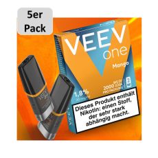 Veev One Liquid Pods Mango. Blau-orange Packung mit grauem 5er Pack Bottom und schwarzem Liquid Pods.