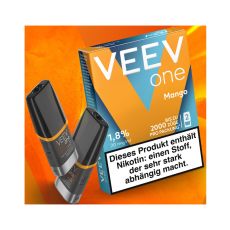 Packung Veev One Liquid Pods Mango. Blau-orange Packung mit weißer Veev One Aufschrift und schwarze Pods.
