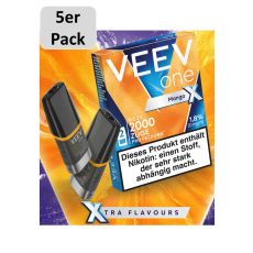 Packung Veev One Liquid Pods Mango X. Blau-orange Packung mit weißer Veev One Aufschrift und 5er Pack Bottom.