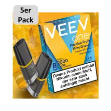 Veev One Liquid Pods Passion Fruit Kiwi Guave. Blau-gelbe Packung mit grauem 5er Pack Bottom und schwarzem Liquid Pods.