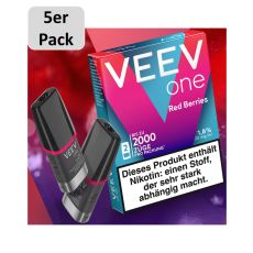 Packung Veev One Liquid Pods Red Berries. Blau-pinke Packung mit weißer Veev One Aufschrift und 5er Pack Bottom.