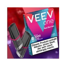 Packung Veev One Liquid Pods Red Berries. Blau-pinke Packung mit weißer Veev One Aufschrift und schwarze Pods.
