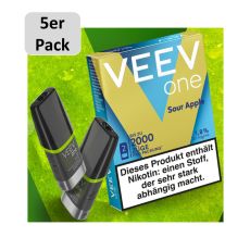 Veev One Liquid Pods Sour Apple. Blau-Hellgrüne Packung mit grauem 5er Pack Bottom und schwarzem Liquid Pods.