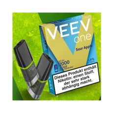 Packung Veev One Liquid Pods Sour Apple. Blau-hellgrüne Packung mit weißer Veev One Aufschrift und schwarze Pods.