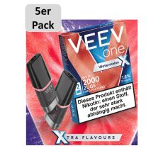 Packung Veev One Liquid Pods Watermelon X. Blau-rote Packung mit weißer Veev One Aufschrift und 5er Pack Bottom.