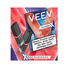 Packung Veev One Liquid Pods Watermelon X. Blau-rote Packung mit weißer Veev One Aufschrift und schwarze Pods.