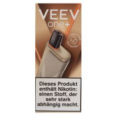 Packung Veev One Plus E-Zigarette Gold. Goldene Packung mit goldenem Gerät und weißer Veev One Plus Aufschrift.
