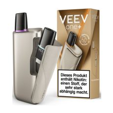 Veev One Plus E-Zigarette Gold. Goldenes Gerät mit schwarzem Veev Pod und goldender Packung mit 
weißer Veev One Plus Aufschrift.