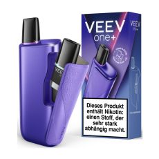 Lila Veev One Plus E-Zigarette Purple mit aufklappbarem Gehäuse zur Pod Aufbewahrung und schwarzer Veev Pod.