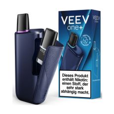 Dunkelblaue Veev One Plus E-Zigarette Navy mit aufklappbarem Gehäuse zur Pod Aufbewahrung und schwarzem Veev Pod.