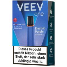 Packung Veev One E-Zigarette Electric Purple. Dunkelblau-lila Packung mit lila Gerät und weißer Veev Aufschrift.