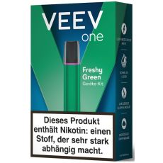 Packung Veev One E-Zigarette Freshy Green. Dunkelblau-grüne Packung mit grünem Gerät und weißer Veev Aufschrift.