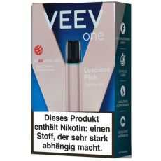 Packung Veev One E-Zigarette Electric Purple. Dunkelblau-rosa Packung mit rosa Gerät und weißer Veev Aufschrift.