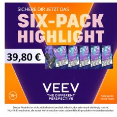 Aktion Veev One Pods Six-Pack Deiner Wahl. Sechs Packungen Veev Pods mit lila-orangem Hintergrund.