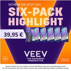 Aktion Veev One Pods Six-Pack Deiner Wahl. Sechs Packungen Veev Pods mit lila-orangem Hintergrund.
