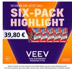 Aktion Veev One Pods Six-Pack Deiner Wahl. Sechs Packungen Veev Pods X mit lila-orangem Hintergrund.