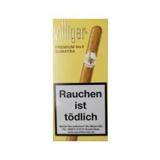 Packung Villiger Zigarren Premium No 3 Sumatra. Gelbe Packung mit goldener Villiger Aufschrift und Zigarre.