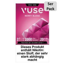Packung Vuse Liquid Pods Berry Blend. Dunkelrosa Schachtel mit 5er Pack Bottom und weißer Vuse Aufschrift.