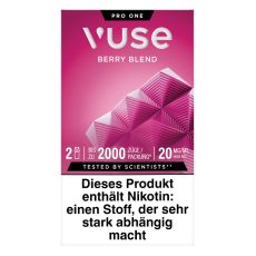 Packung Vuse Liquid Pods Berry Blend. Dunkelrosa Schachtel mit Quadraten und weißer Vuse Aufschrift.