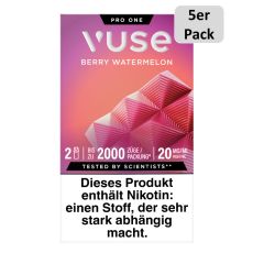 Packung Vuse Liquid Pod Berry Watermelon. Lila-rote Schachtel mit weißer Vuse Aufschrift und 5er Pack Bottom.