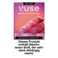 Packung Vuse Liquid Pod Berry Watermelon. Lila-rote Schachtel mit weißer Vuse Aufschrift und roten Quadraten.