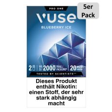 Packung Vuse Liquid Pod Blueberry Ice. Blaue Schachtel mit weißer Vuse Aufschrift und 5er Pack Bottom.