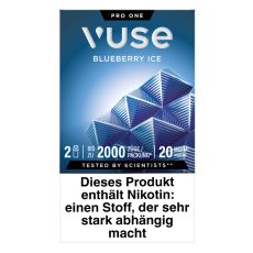Packung Vuse Liquid Pod Blueberry Ice. Blaue Schachtel mit weißer Vuse Aufschrift und blauem Quadrat.